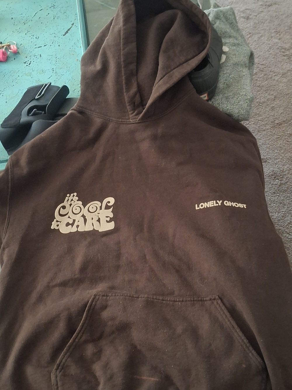 LONELY GHOST Brown Hoodie with Cream Tag Graphic
